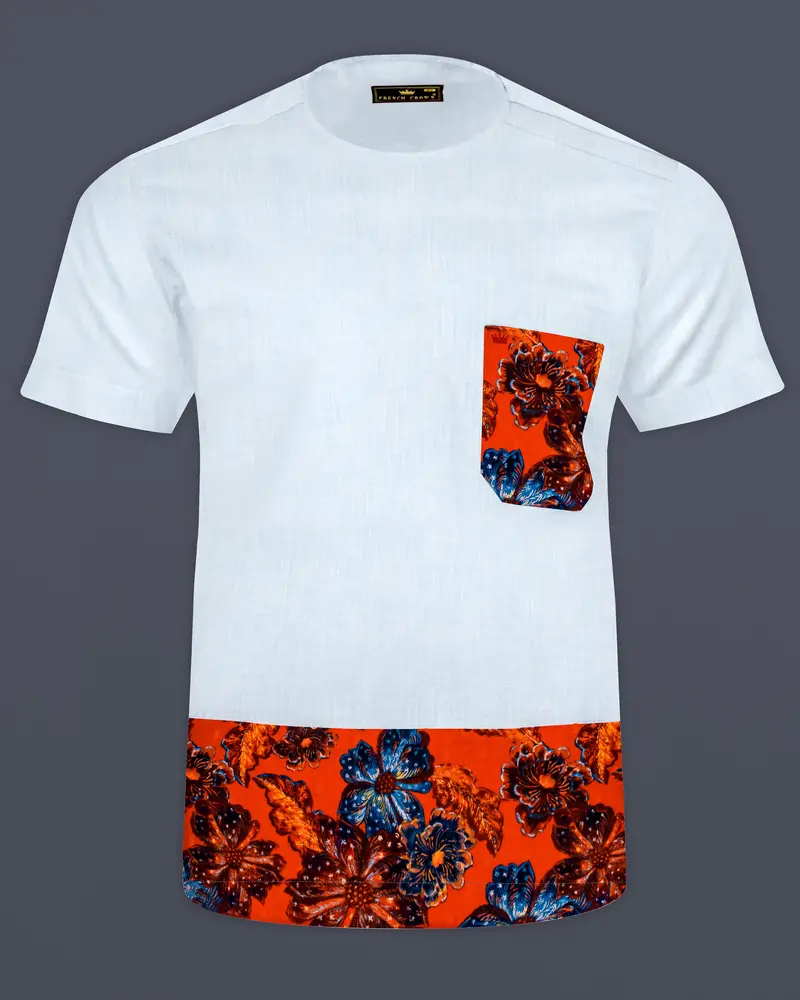 Porcelain Gray With Fame Orange Floral Printed Seersucker Designer Bush Shirt 1