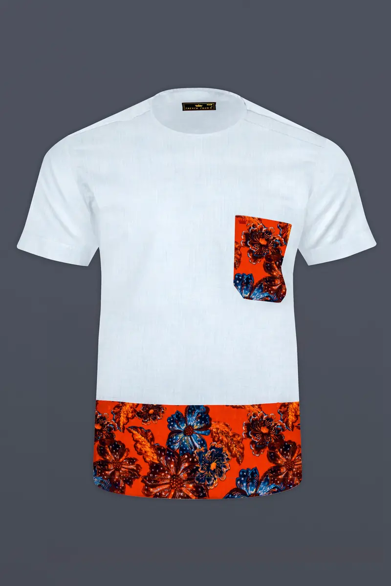 Porcelain Gray With Fame Orange Floral Printed Seersucker Designer Bush Shirt 2