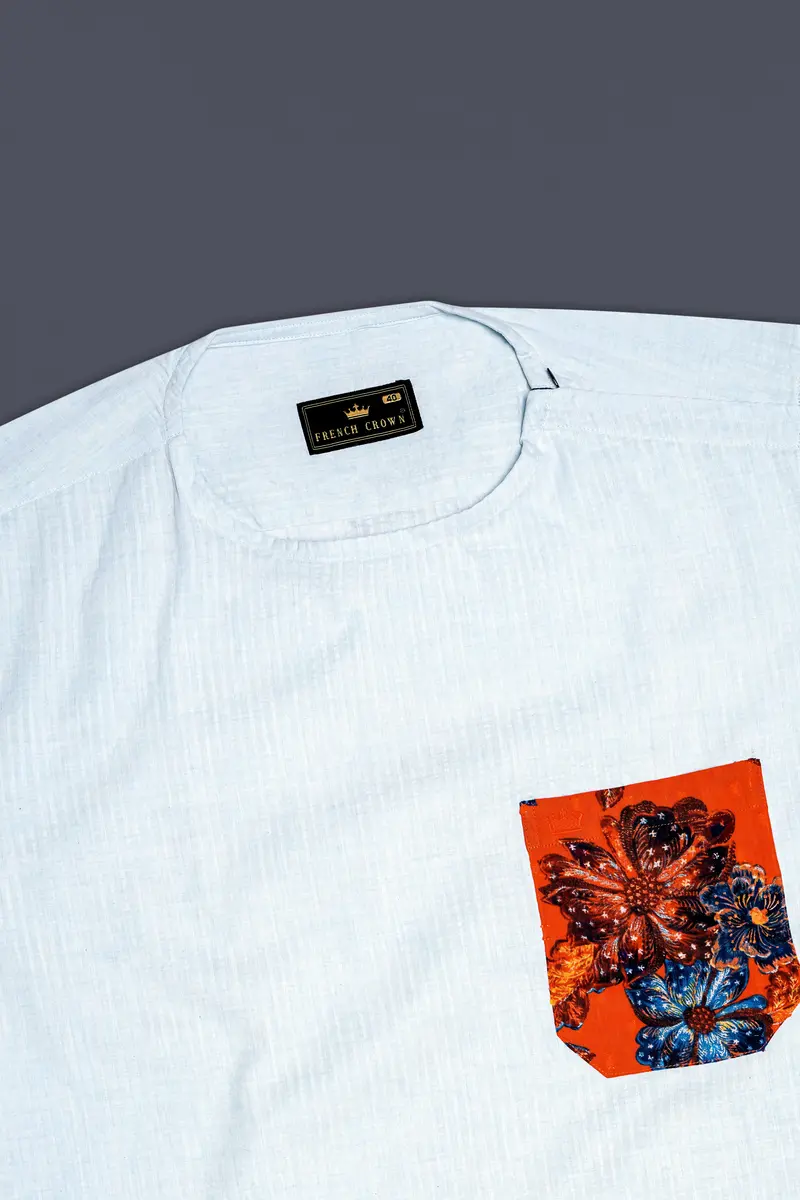 Porcelain Gray With Fame Orange Floral Printed Seersucker Designer Bush Shirt 6