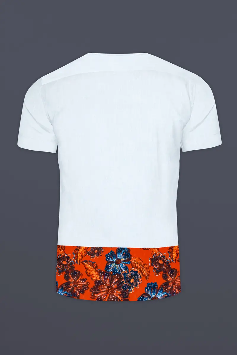 Porcelain Gray With Fame Orange Floral Printed Seersucker Designer Bush Shirt 7