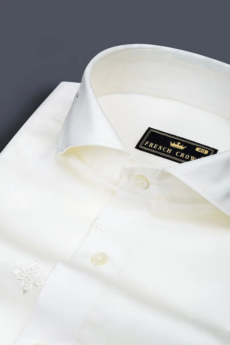 Porcelain Off White Subtle Sheen Embroidered Flower Super Soft Premium Cotton Shirt 1