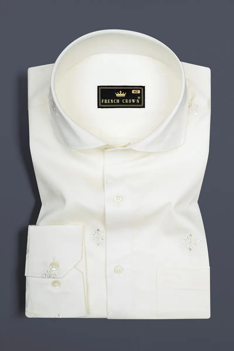 Porcelain Off White Subtle Sheen Embroidered Flower Super Soft Premium Cotton Shirt 3