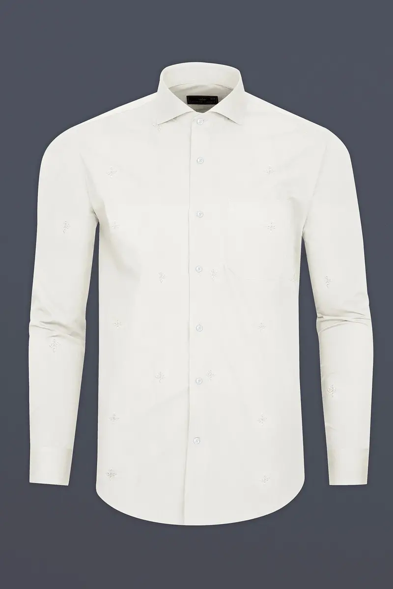 Porcelain Off White Subtle Sheen Embroidered Flower Super Soft Premium Cotton Shirt 4