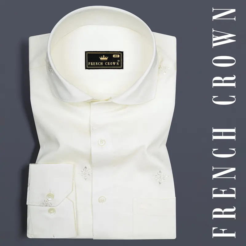Porcelain Off White Subtle Sheen Embroidered Flower Super Soft Premium Cotton Shirt 6