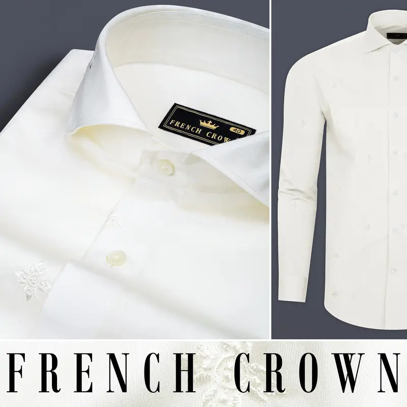 Porcelain Off White Subtle Sheen Embroidered Flower Super Soft Premium Cotton Shirt 9