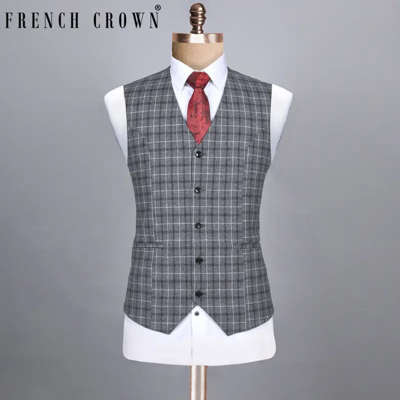 Porpoise Grey Plaid Luxurious Linen-Wool Blend Waistcoat 1