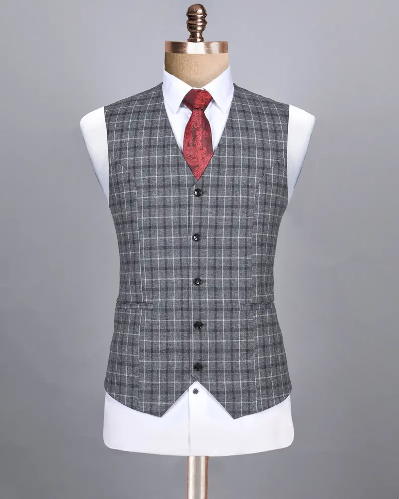 Porpoise Grey Plaid Luxurious Linen-Wool Blend Waistcoat 2