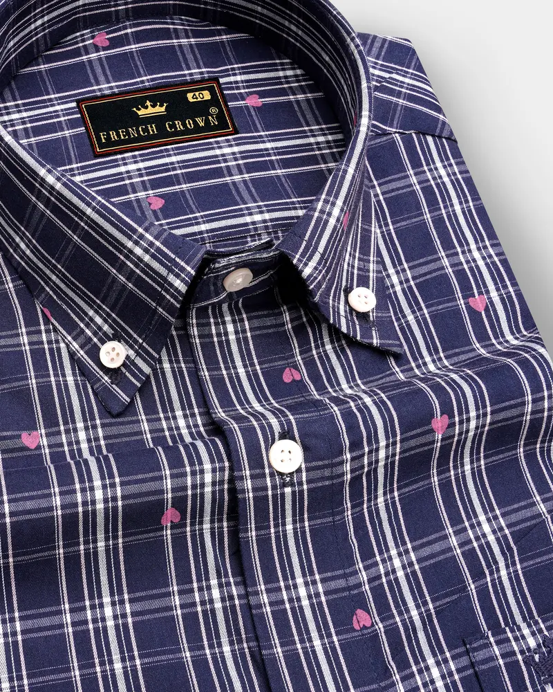 Port Gore Blue Heart Printed Plaid Premium Cotton Shirt 1