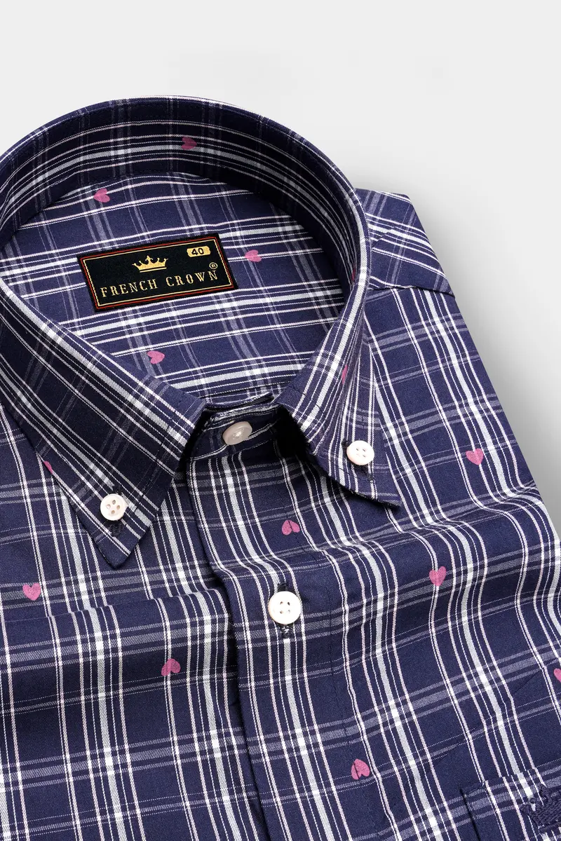 Port Gore Blue Heart Printed Plaid Premium Cotton Shirt 2