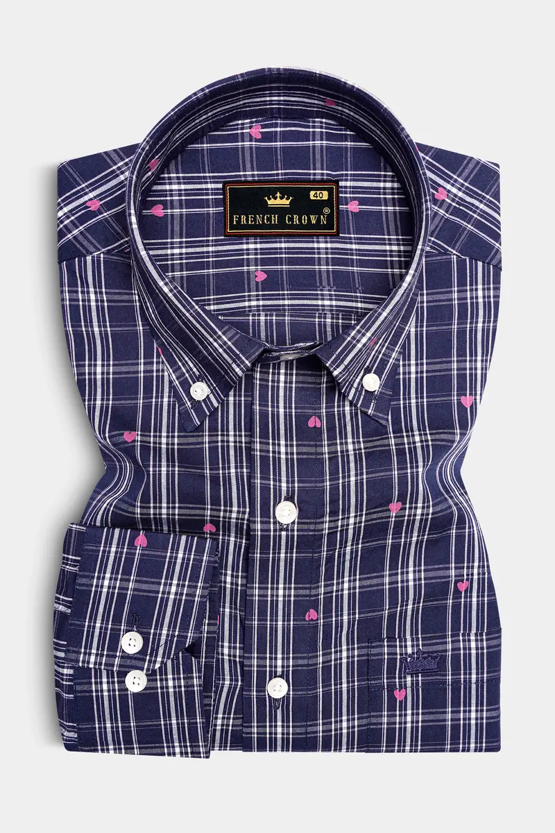 Port Gore Blue Heart Printed Plaid Premium Cotton Shirt 4