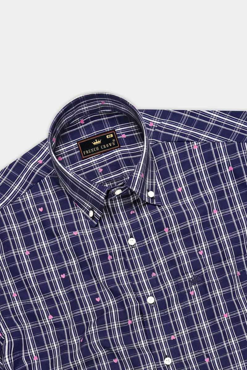 Port Gore Blue Heart Printed Plaid Premium Cotton Shirt 5