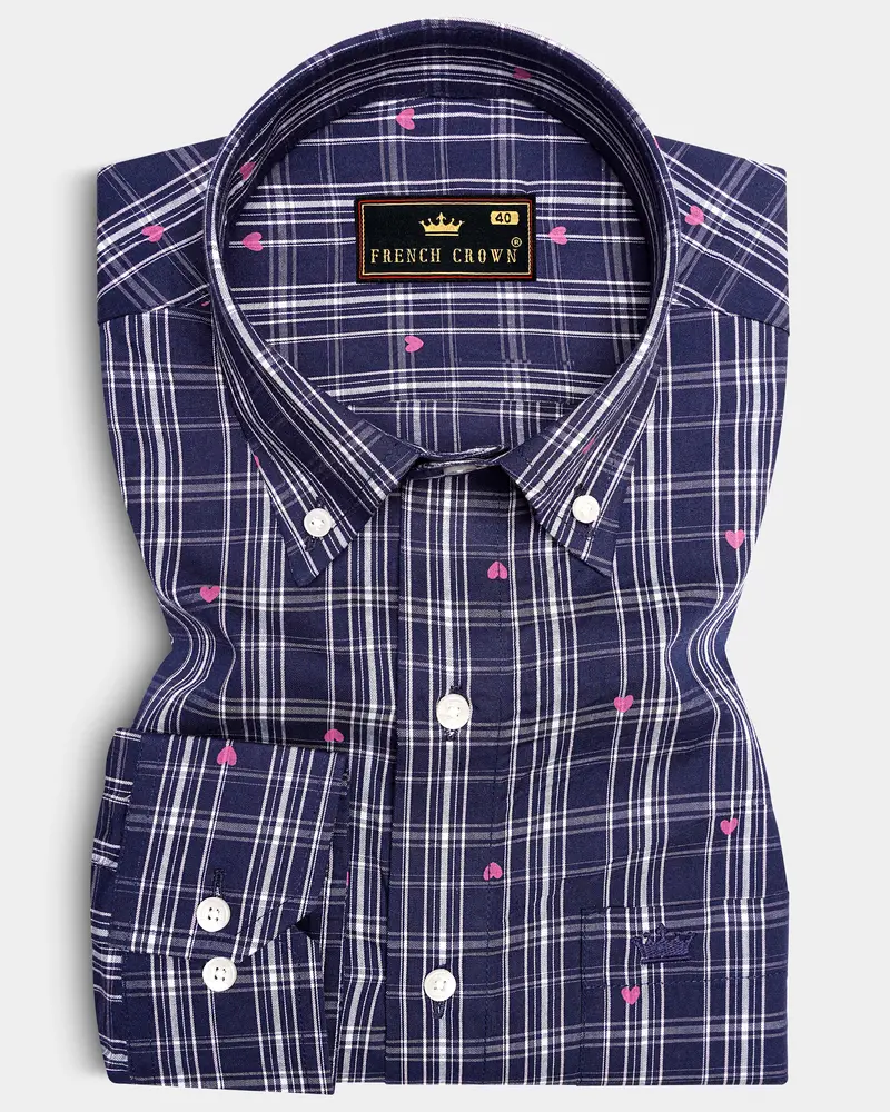 Port Gore Blue Heart Printed Plaid Premium Cotton Shirt 6