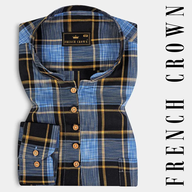 Portage Blue And Jade Black Twill Plaid Premium Cotton Kurta Shirt 1