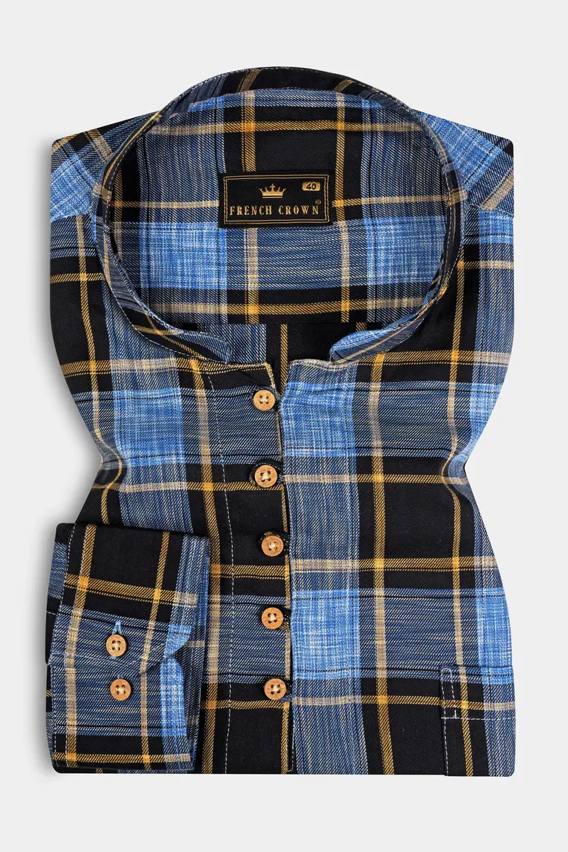 Portage Blue And Jade Black Twill Plaid Premium Cotton Kurta Shirt 2