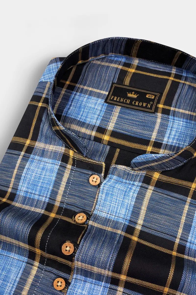 Portage Blue And Jade Black Twill Plaid Premium Cotton Kurta Shirt 4