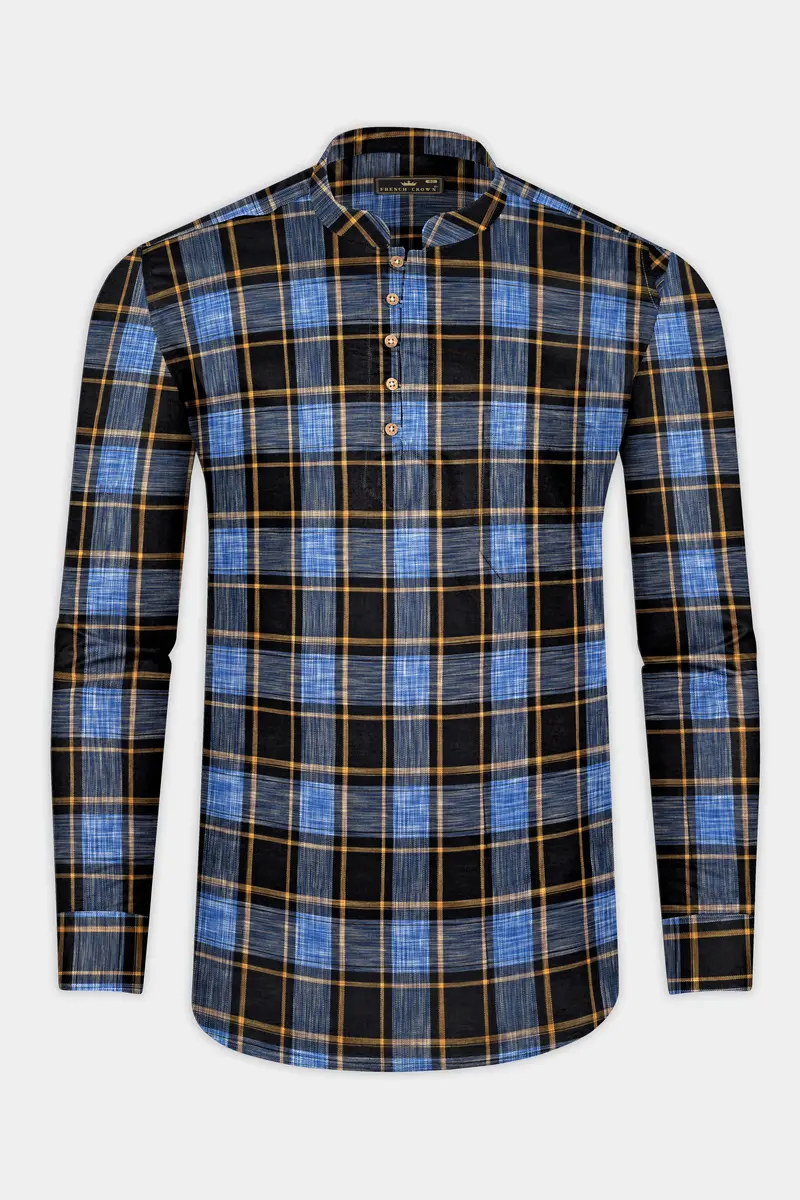 Portage Blue And Jade Black Twill Plaid Premium Cotton Kurta Shirt 5