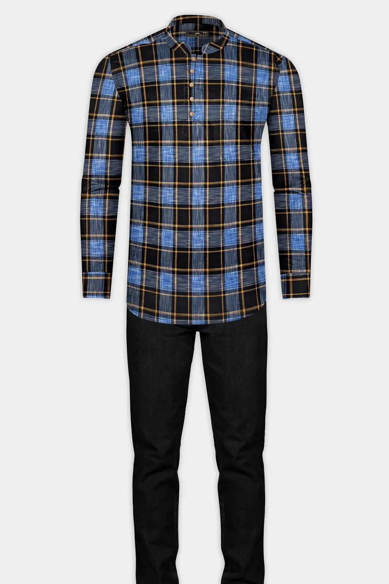 Portage Blue And Jade Black Twill Plaid Premium Cotton Kurta Shirt 7