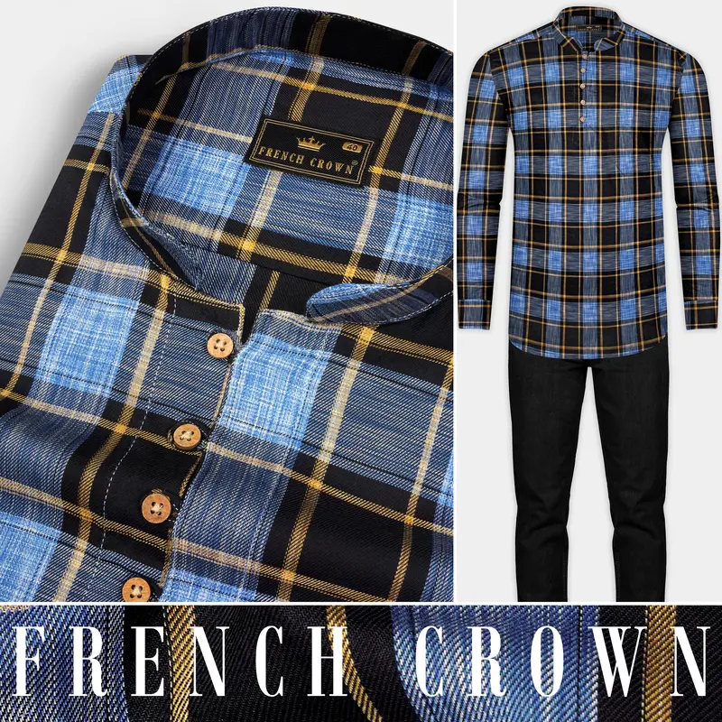 Portage Blue And Jade Black Twill Plaid Premium Cotton Kurta Shirt 8