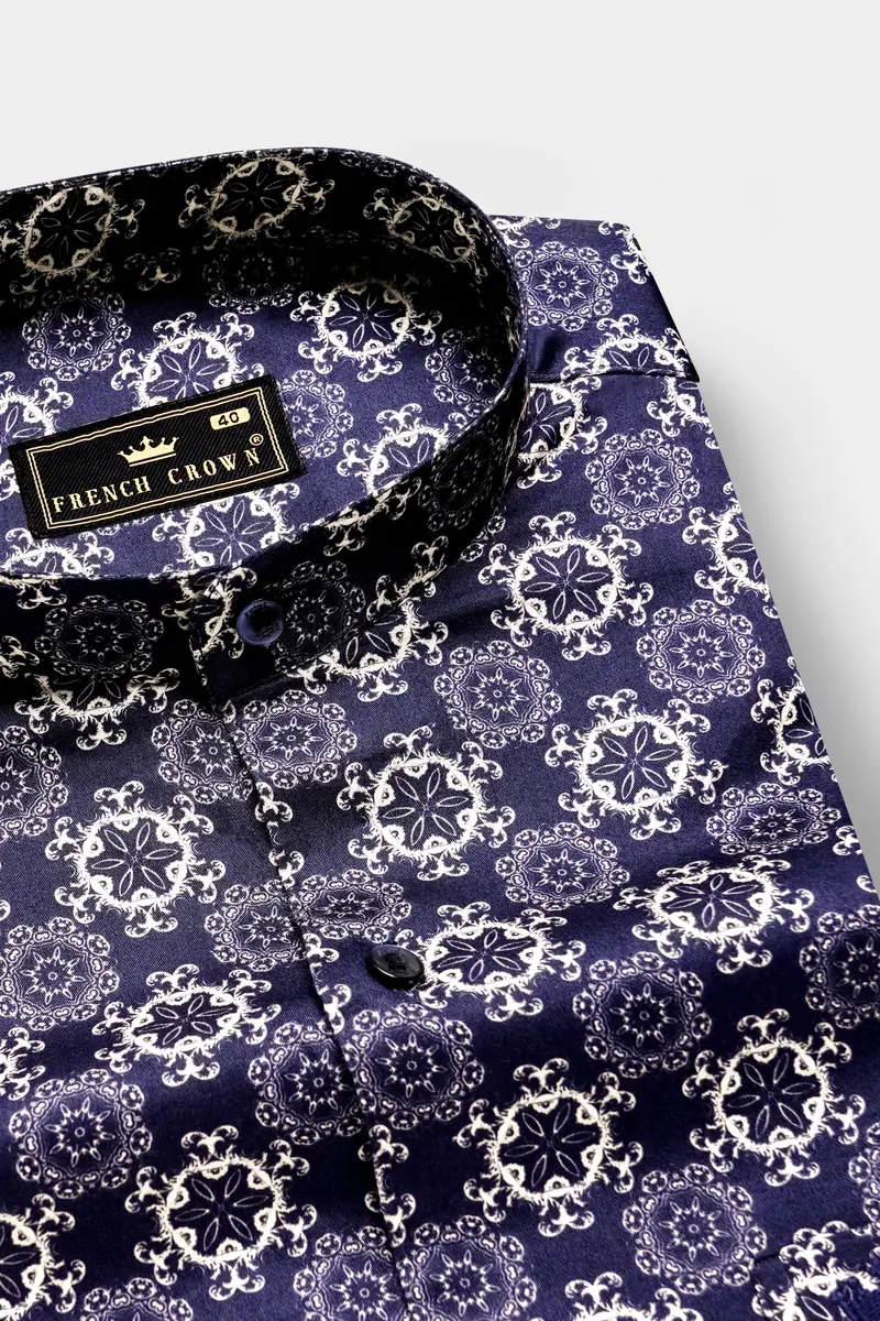 Portuguese Tile-Martinique Purple Azulejo Printed Subtle Sheen Super Soft Premium Cotton Casual Shirt 1