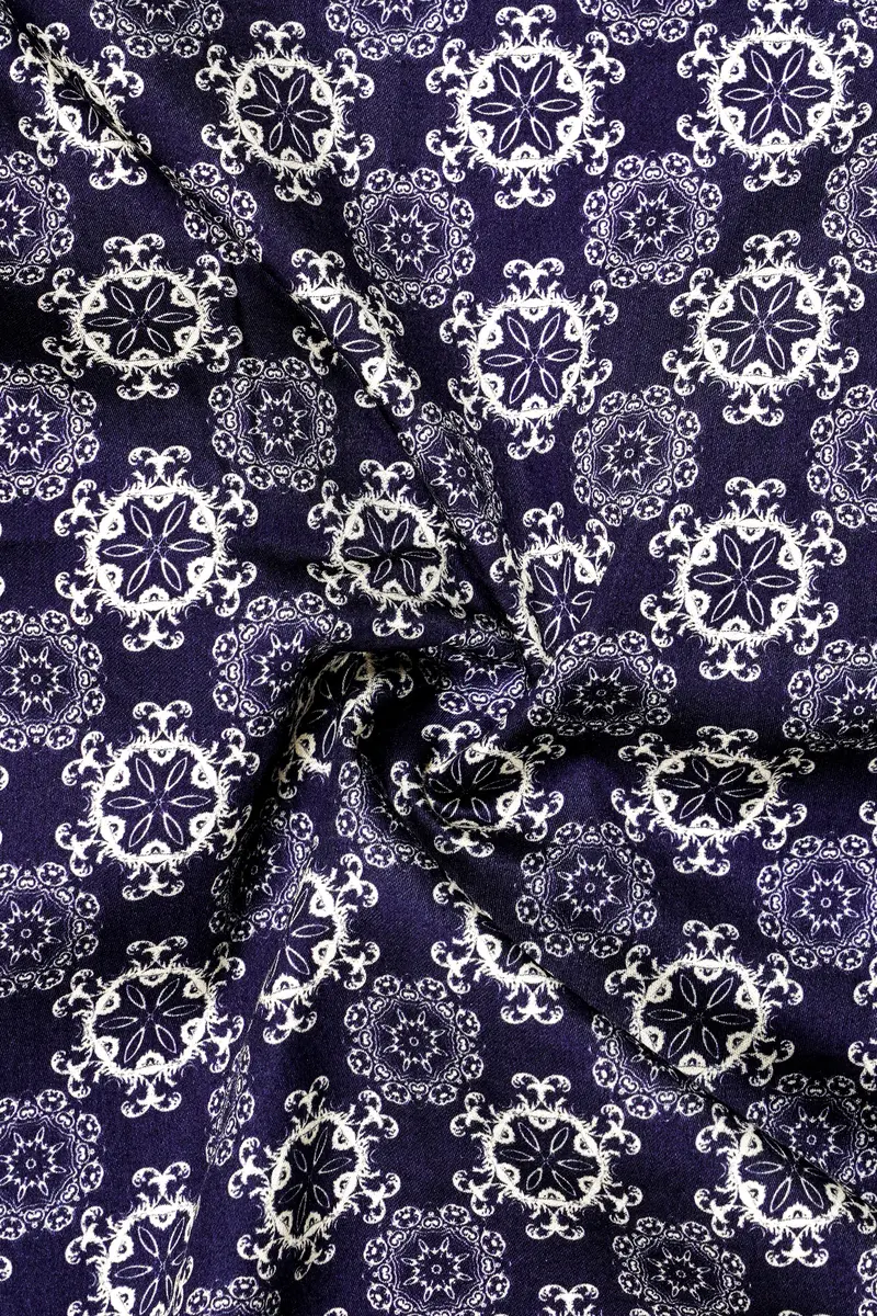 Portuguese Tile-Martinique Purple Azulejo Printed Subtle Sheen Super Soft Premium Cotton Casual Shirt 2