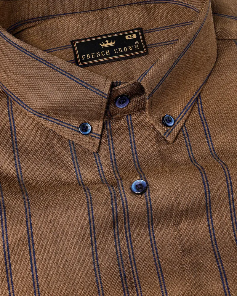 Potter Clay Brown With Ebony Clay Blue Striped Dobby Textured Premium Giza Cotton Shirt 1