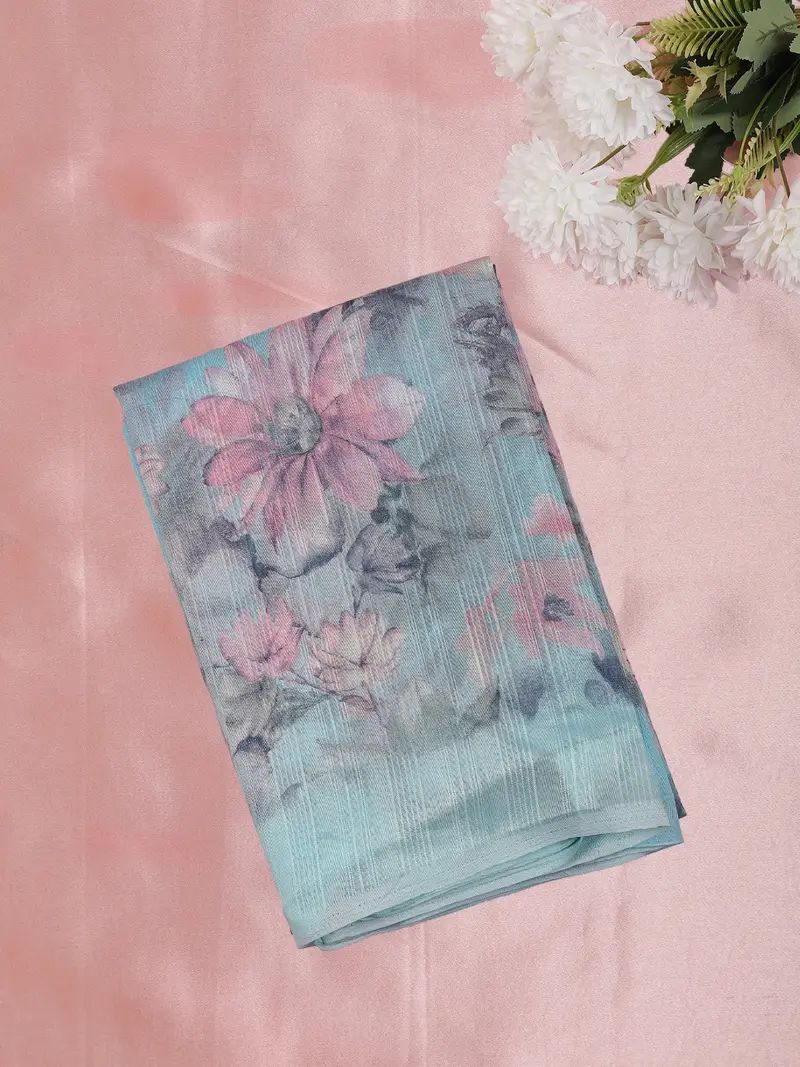 Powder Aqua Blue Floral Printed Design Mixed Cotton Saree 1