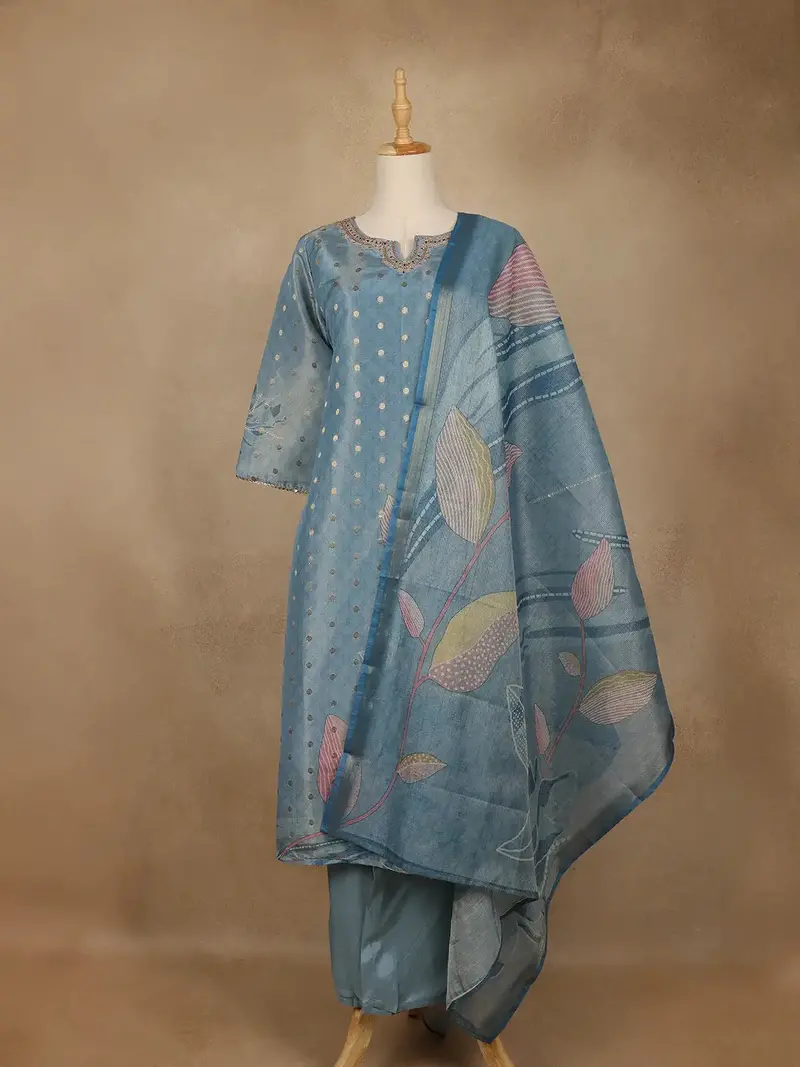 Powder Blue Butta Woven Semi Silk Salwar Suit 1