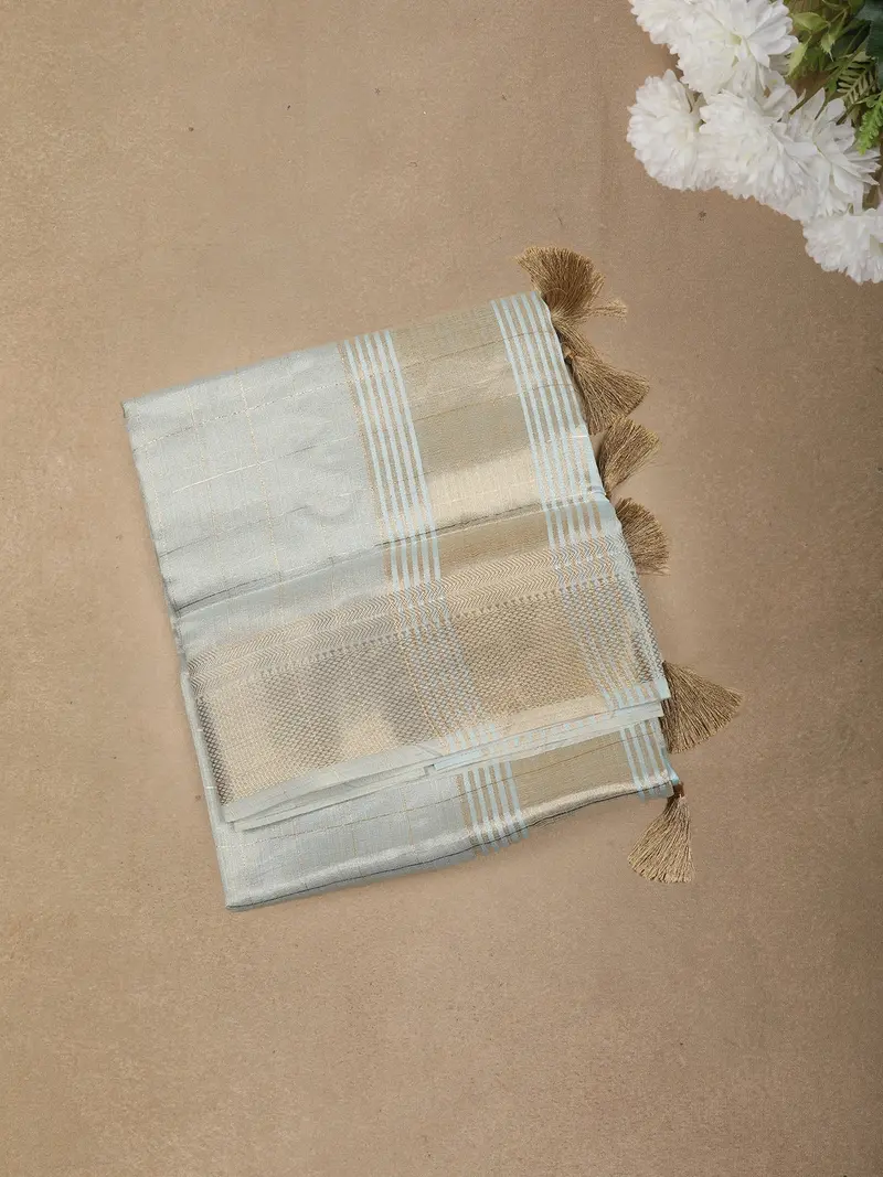 Powder Blue Checked Zari Woven Tussar Silk Saree With Golden Zari Border 1