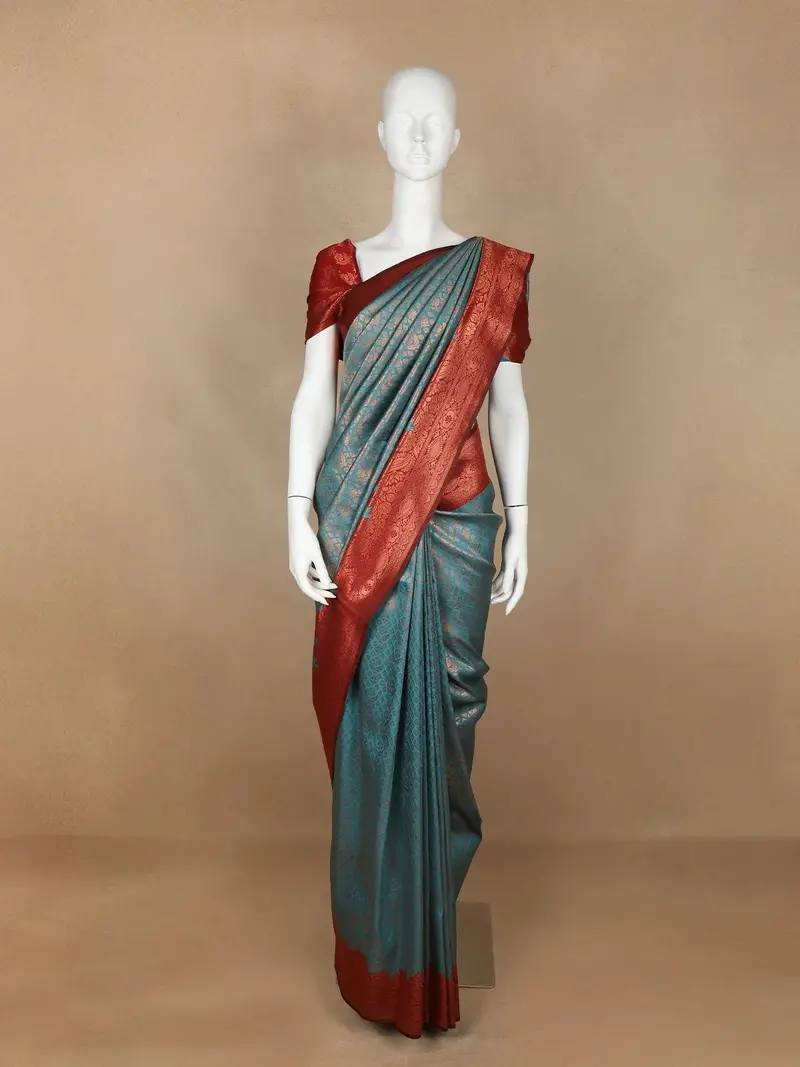 Powder Blue Floral Design Art Silk Saree 1