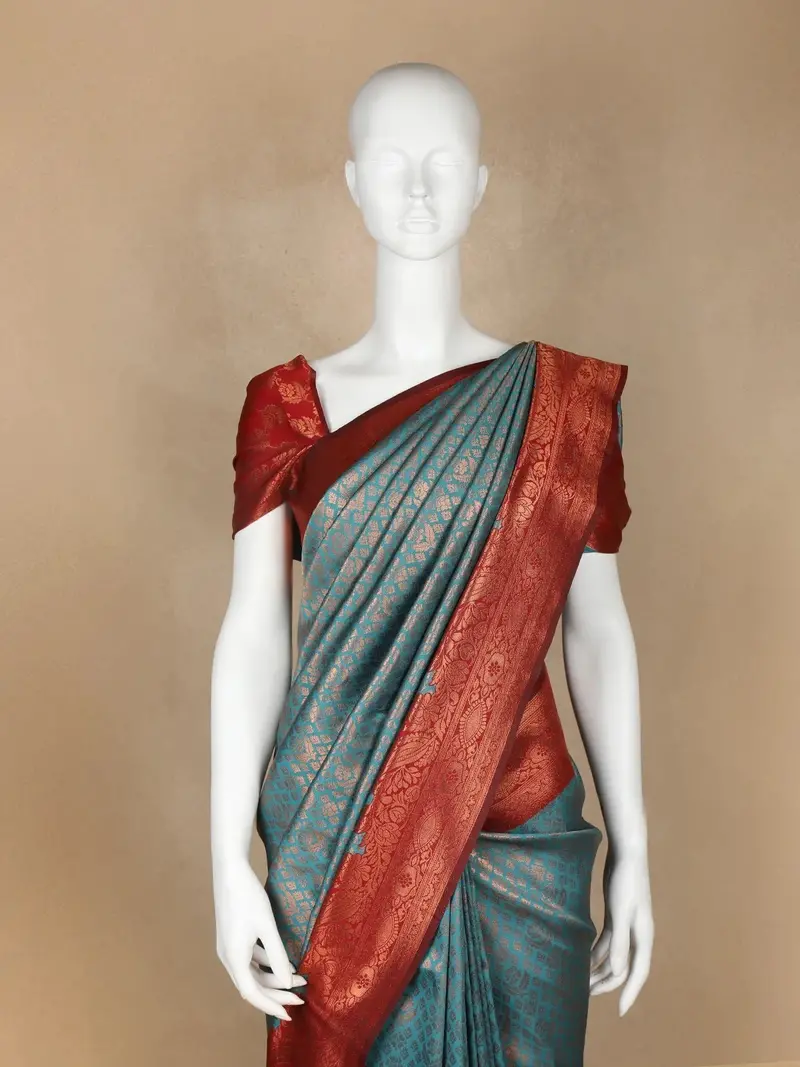 Powder Blue Floral Design Art Silk Saree 2