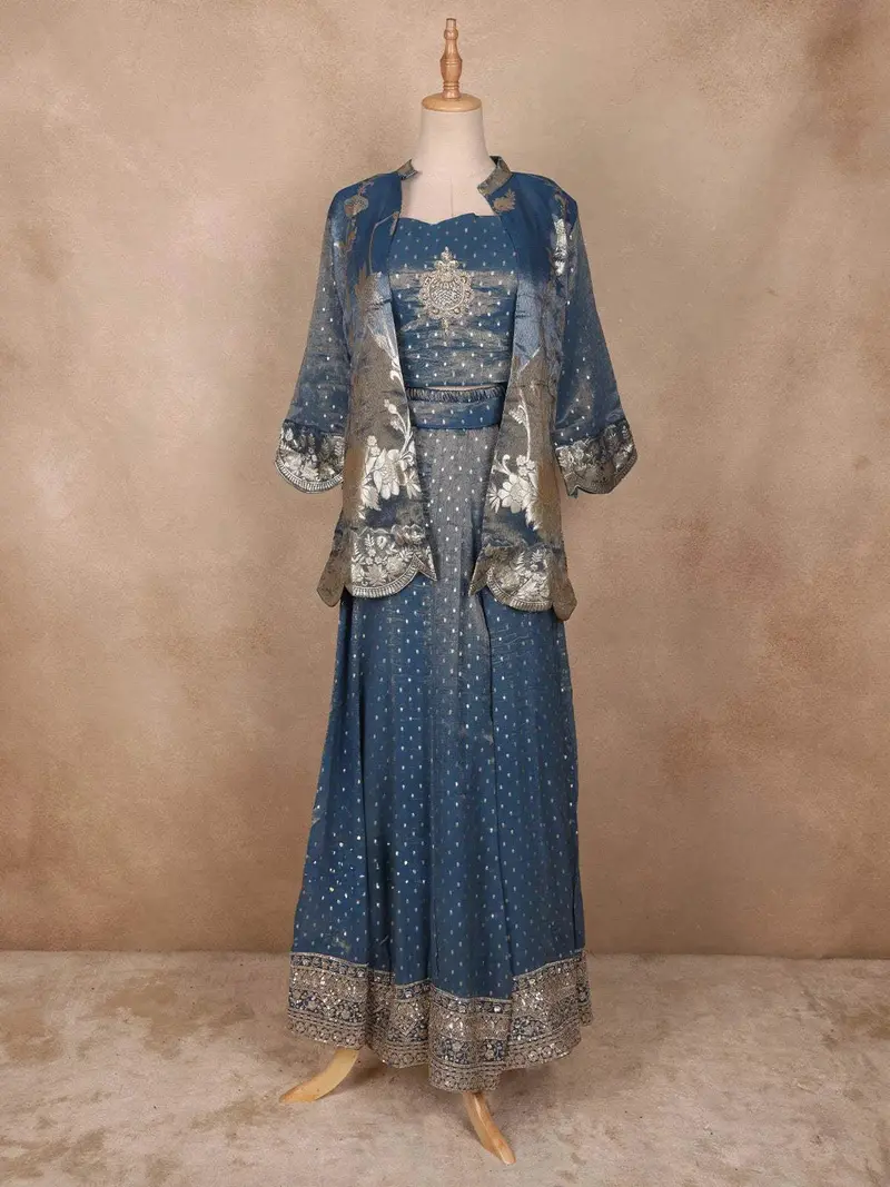 Powder Blue Floral Designed Tissue Organza Palazzo Suit 1