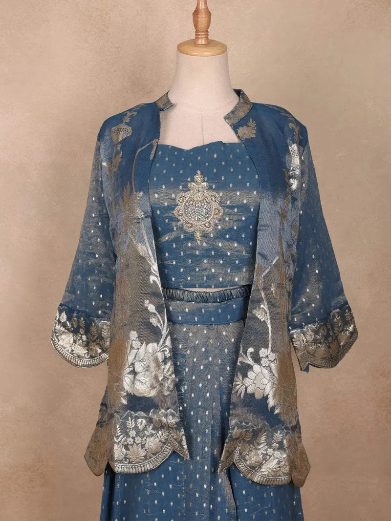 Powder Blue Floral Designed Tissue Organza Palazzo Suit 2