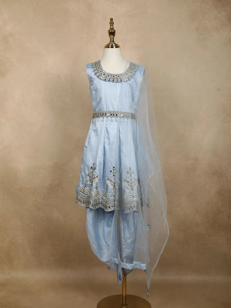 Powder Blue Floral Embroidered Design Satin Kids Patiala Salwar Suit With Dupatta 1