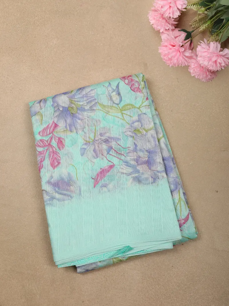 Powder Blue Floral Printed Design Linen Cotton Casual Wear Saree 1