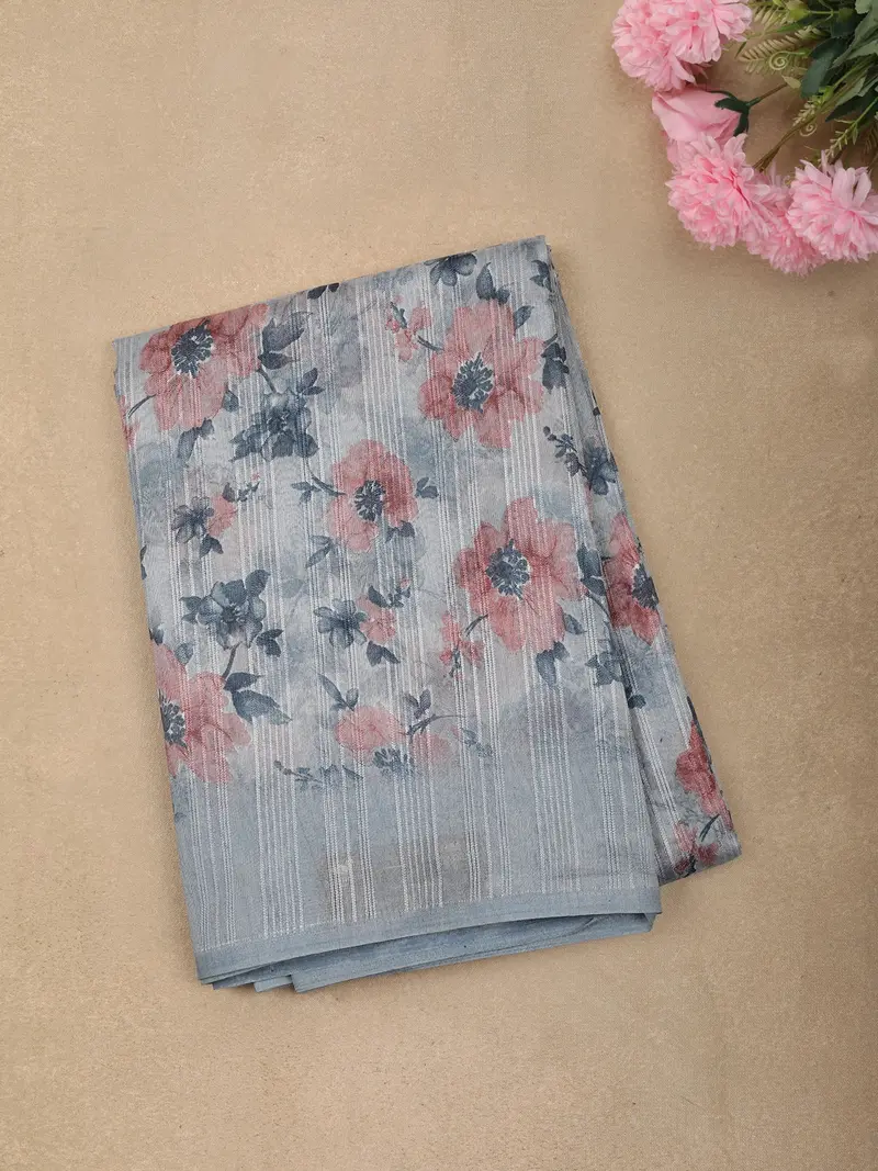 Powder Blue Floral Printed Design Mixed Cotton Casual Wear Saree 1