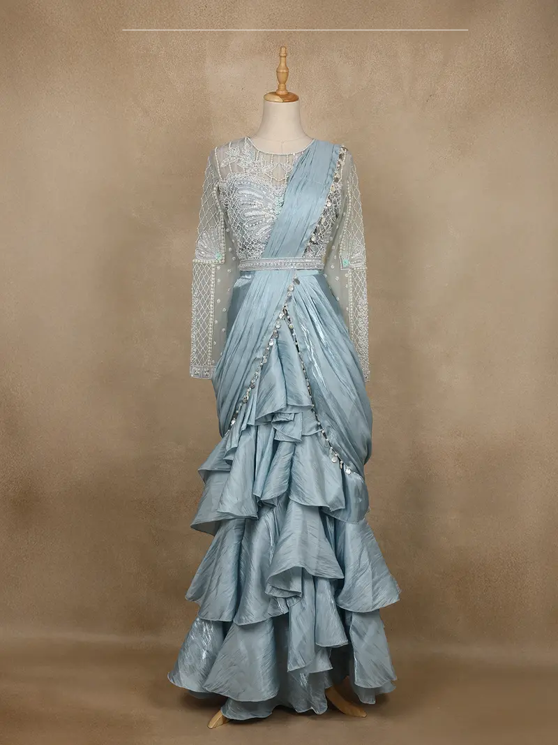 Powder Blue Floral Sequins Embroidered Satin Ready To Wear Saree 1