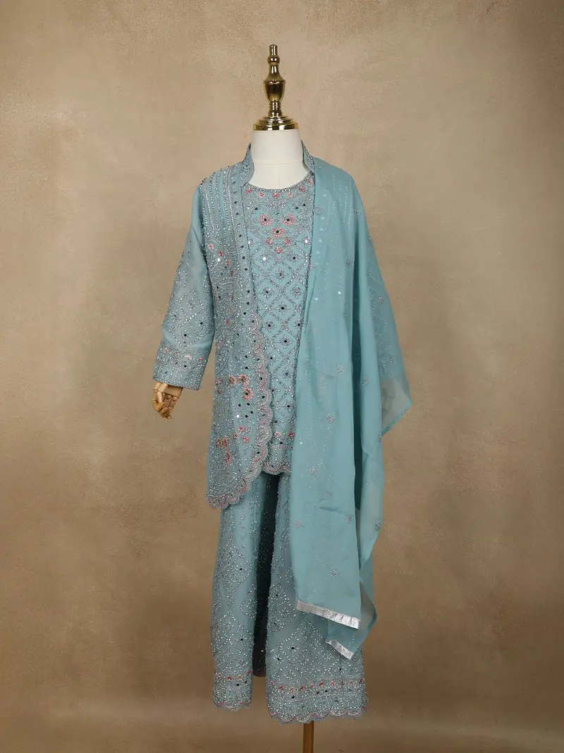 Powder Blue Floral Thread And Beads Embroidered Design Georgette Kids Palazzo Suit 1