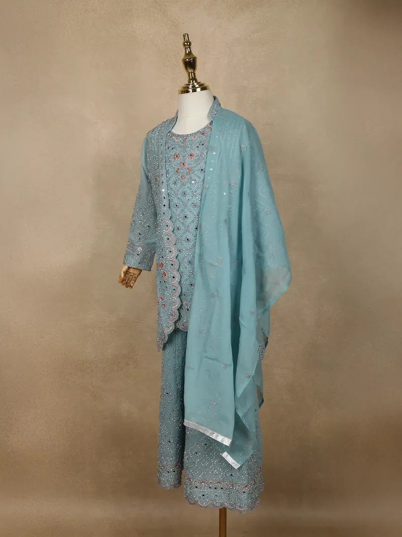 Powder Blue Floral Thread And Beads Embroidered Design Georgette Kids Palazzo Suit 3