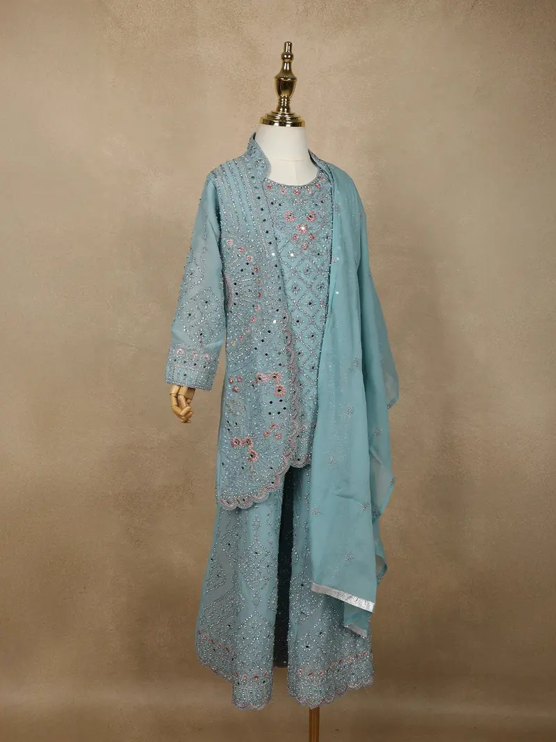 Powder Blue Floral Thread And Beads Embroidered Design Georgette Kids Palazzo Suit 4
