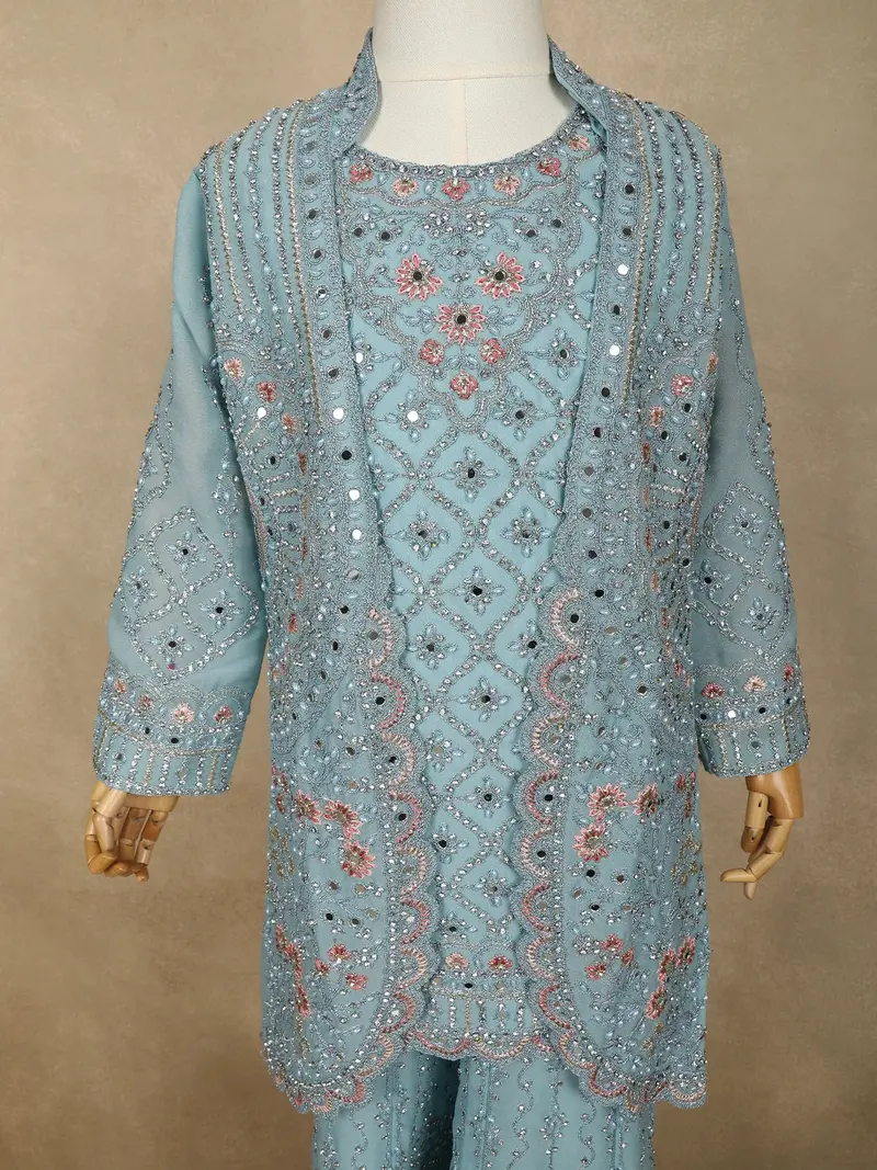 Powder Blue Floral Thread And Beads Embroidered Design Georgette Kids Palazzo Suit 5