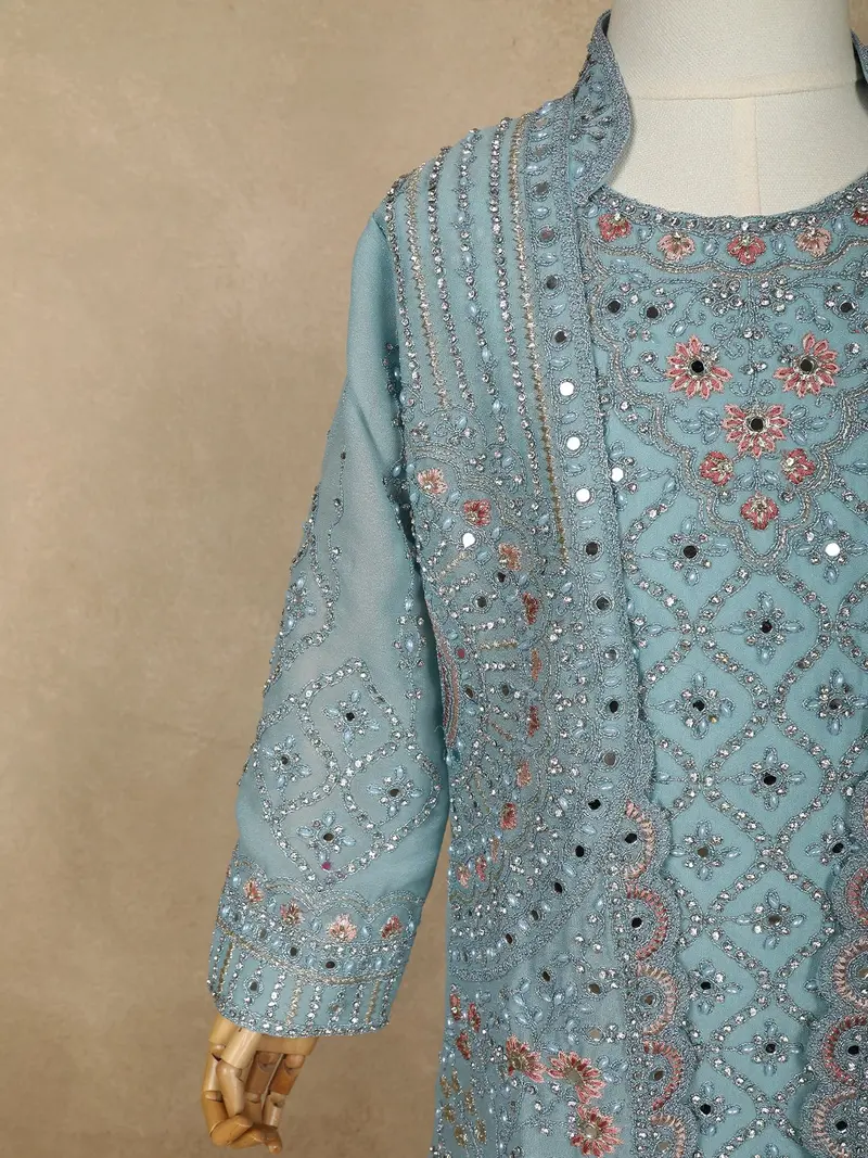 Powder Blue Floral Thread And Beads Embroidered Design Georgette Kids Palazzo Suit 6