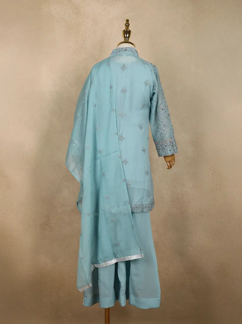 Powder Blue Floral Thread And Beads Embroidered Design Georgette Kids Palazzo Suit 8