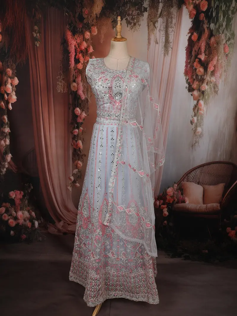 Powder Blue Floral Thread And Mirror Embroidered Design Net Lehenga With Dupatta 1