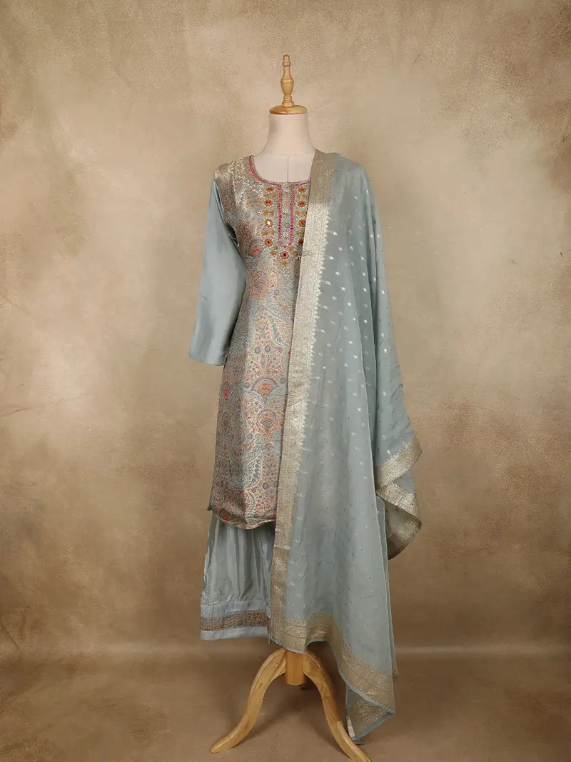 Powder Blue Floral Thread Embroidered Design Tissue Silk Straight Cut Salwar Suit 1