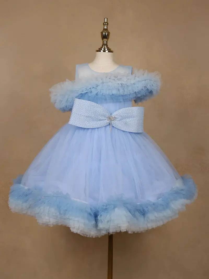 Powder Blue Ruffle Shoulder Net Party Frock With Glitter Bow 1
