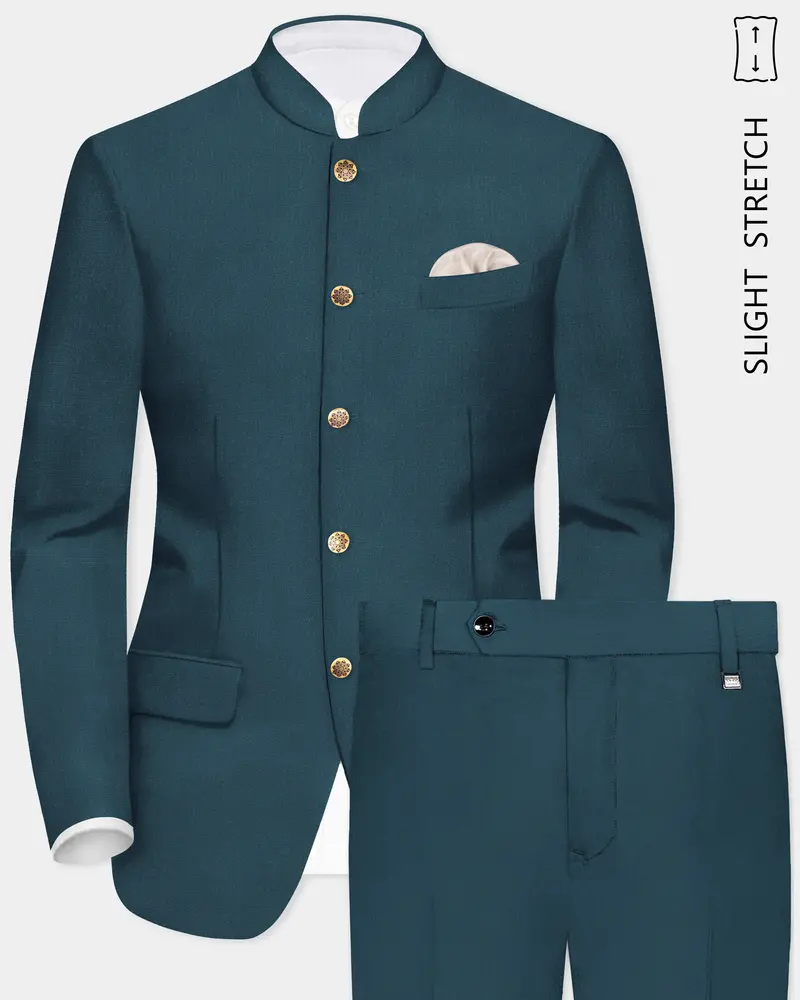 Prestige-Dianne Green Solid Wool Rich Bandhgala Slight Stretch Suit 1