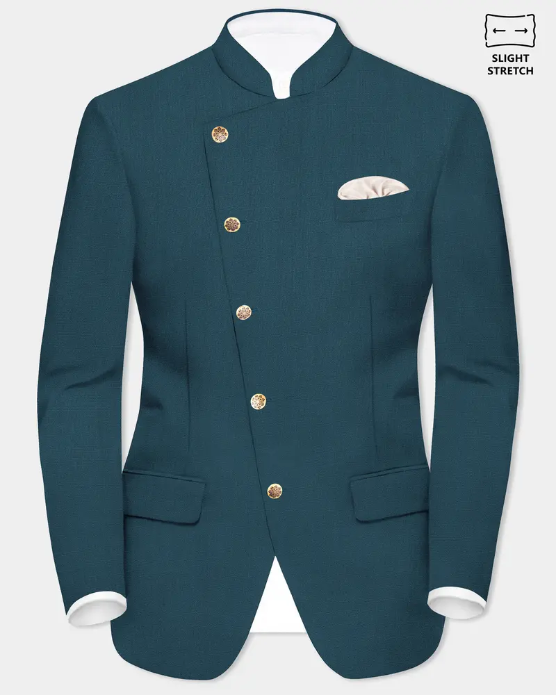 Prestige-Dianne Green Solid Wool Rich Cross Placket Bandhgala Slight Stretch Blazer 1