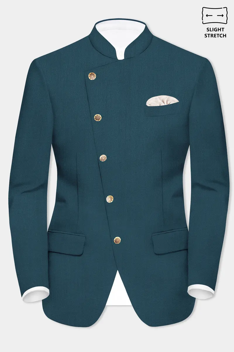 Prestige-Dianne Green Solid Wool Rich Cross Placket Bandhgala Slight Stretch Blazer 2