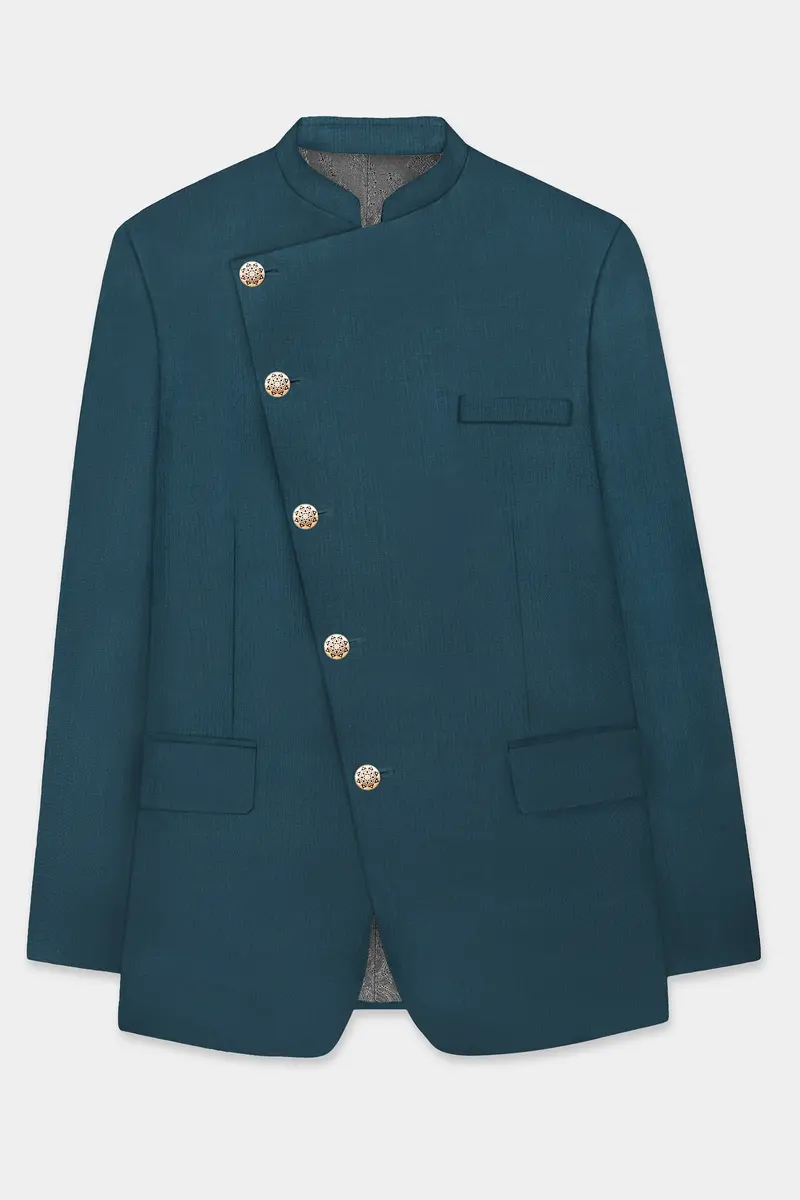 Prestige-Dianne Green Solid Wool Rich Cross Placket Bandhgala Slight Stretch Blazer 8