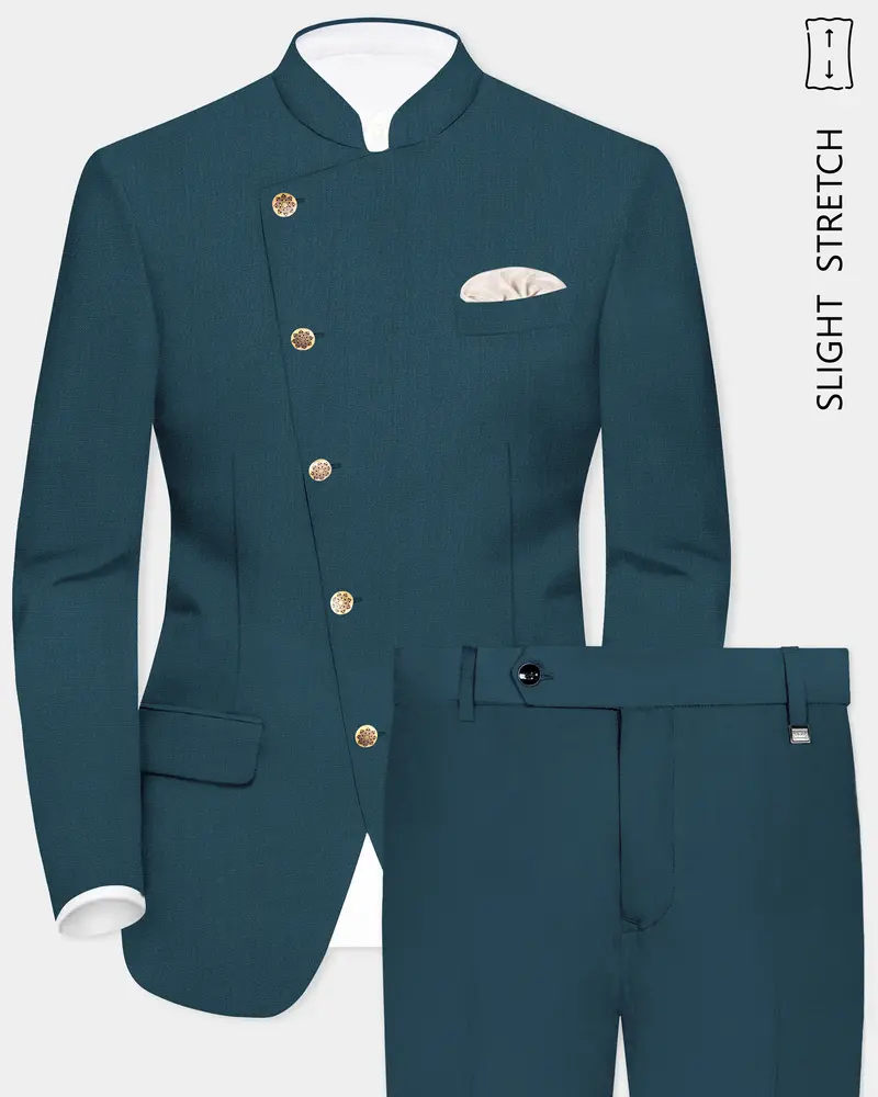 Prestige-Dianne Green Solid Wool Rich Cross Placket Bandhgala Slight Stretch Suit 1